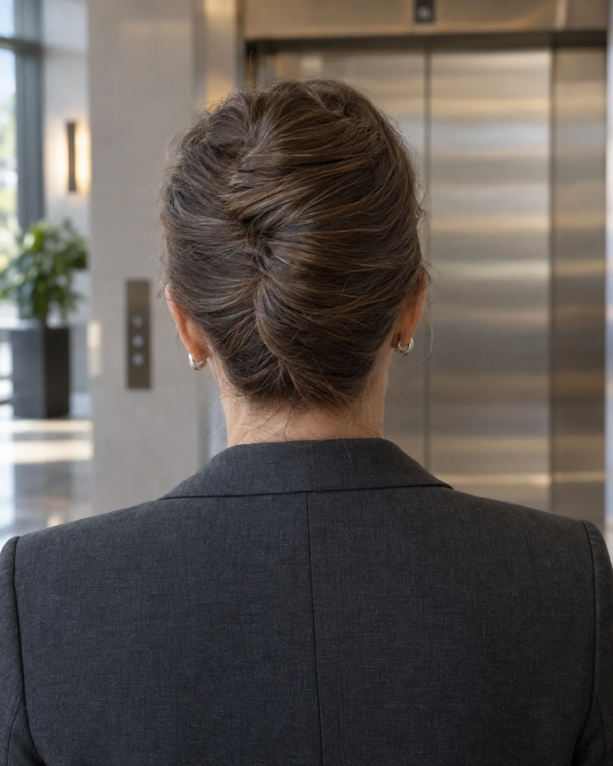 Back view of woman over 50 with cool brown hair in a classic French twist, vertical roll centred, charcoal blazer, elevator lobby with metallic accents