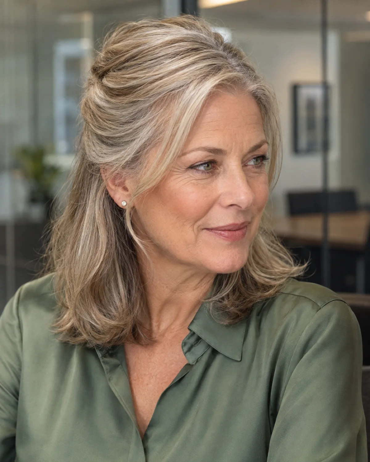 Woman over 50 in three-quarter view with silver-blonde hair, front sections twisted back and pinned at the crown, rest falling to shoulders, sage-green blouse, glass partition behind