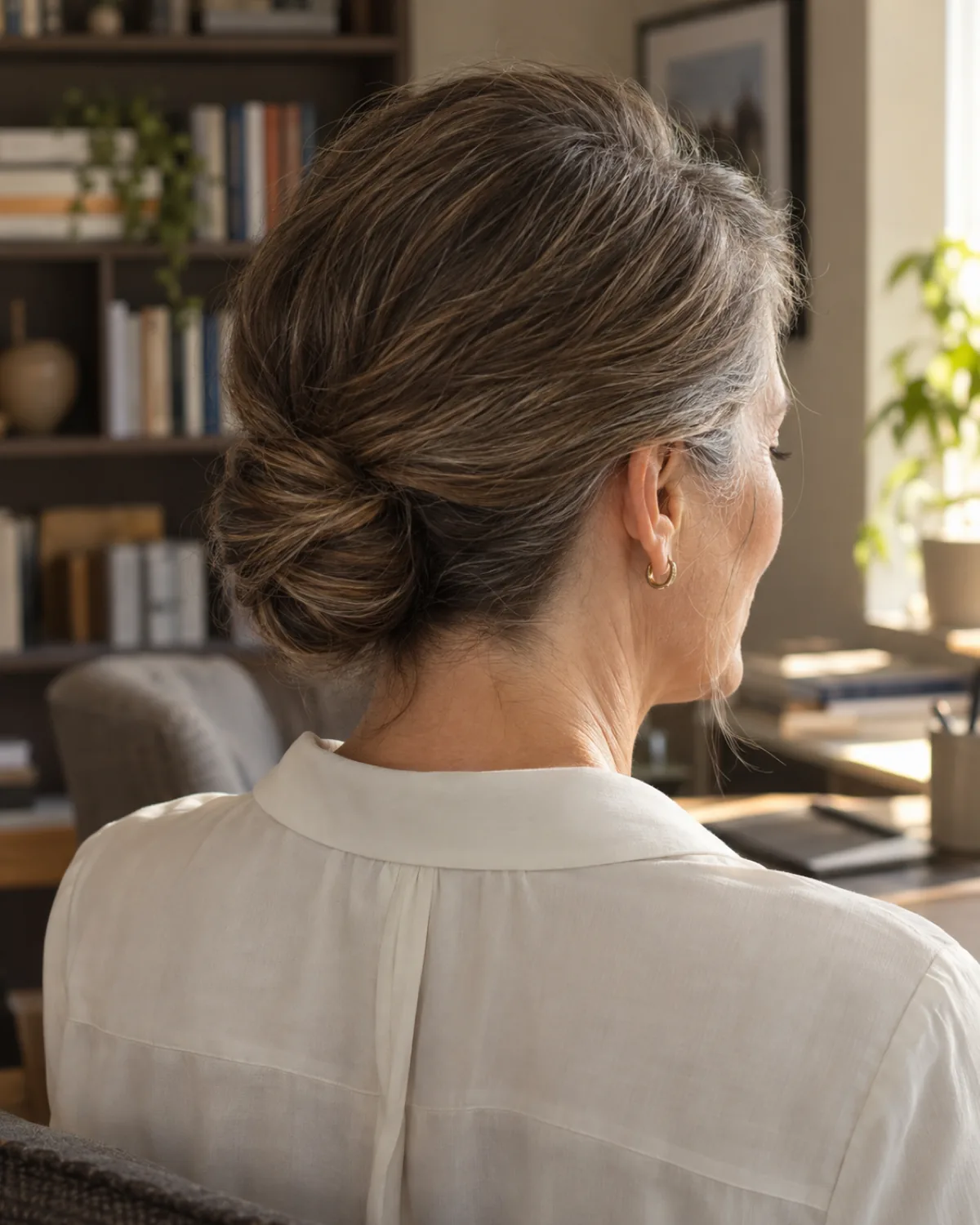 Woman over 50 seen from the back with ash-brown hair twisted into a low chignon at the nape, side part visible, white blouse, warm office light