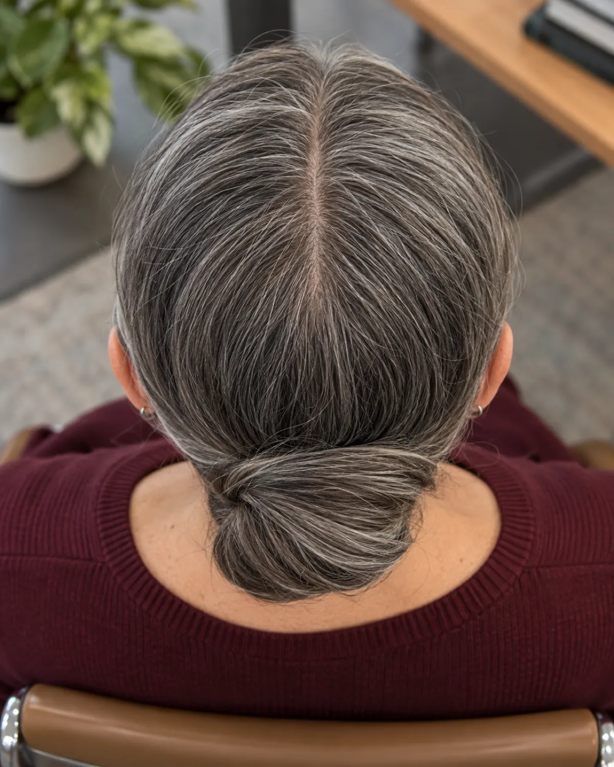 Top-down view of woman over 50 with salt-and-pepper hair, clean centre part visible, hair folded into a low loop bun at the nape, burgundy knit top
