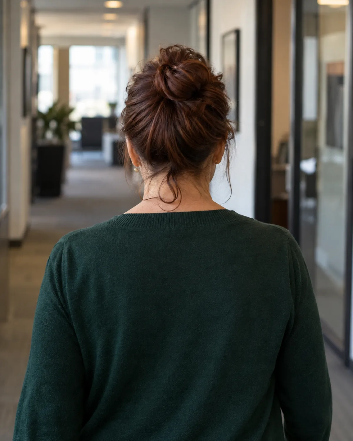 Woman over 50 walking away in an office corridor, auburn hair gathered in a slightly messy bun at the crown, loose strands at nape, forest-green cardigan