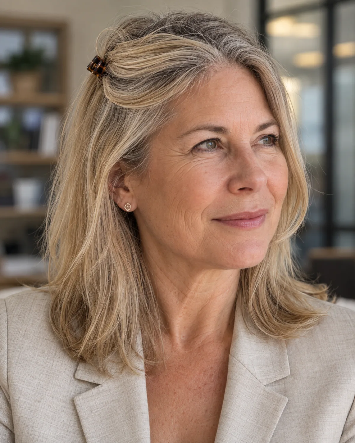 Woman over 50 in three-quarter view with sandy-blonde hair, front section clipped to one side with a small tortoiseshell clip, rest hanging naturally, oatmeal linen blazer