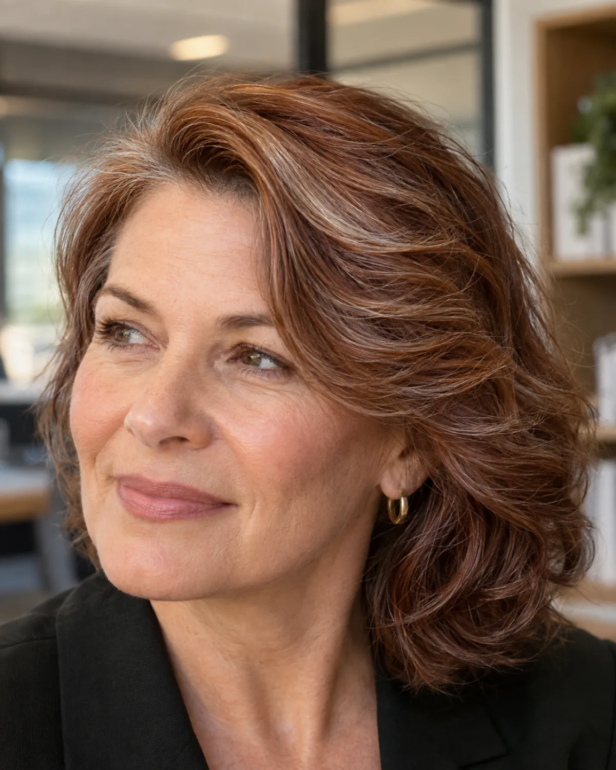 Close crop of auburn hair with silver threads swept from a side part across the forehead in loose waves, soft natural light