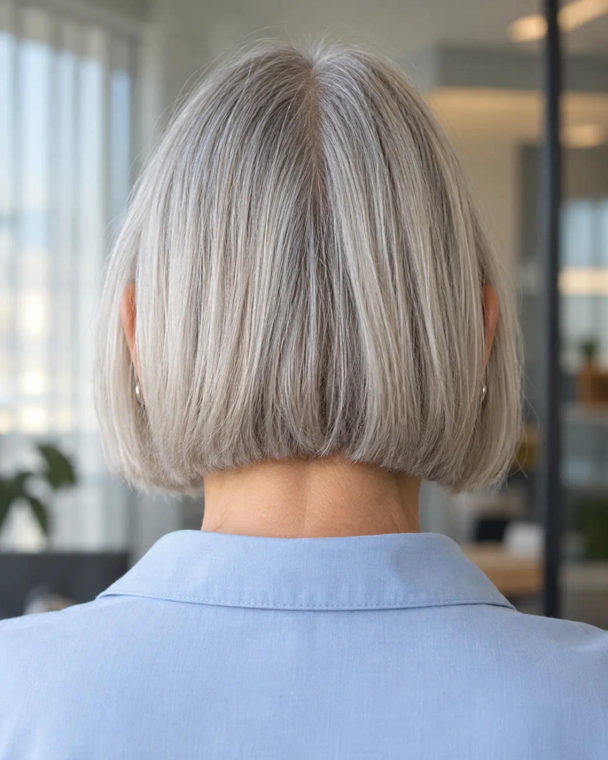 Back view of woman over 50 with platinum silver chin-length centre-part bob, blunt ends visible, pale blue collared shirt, blurred office window