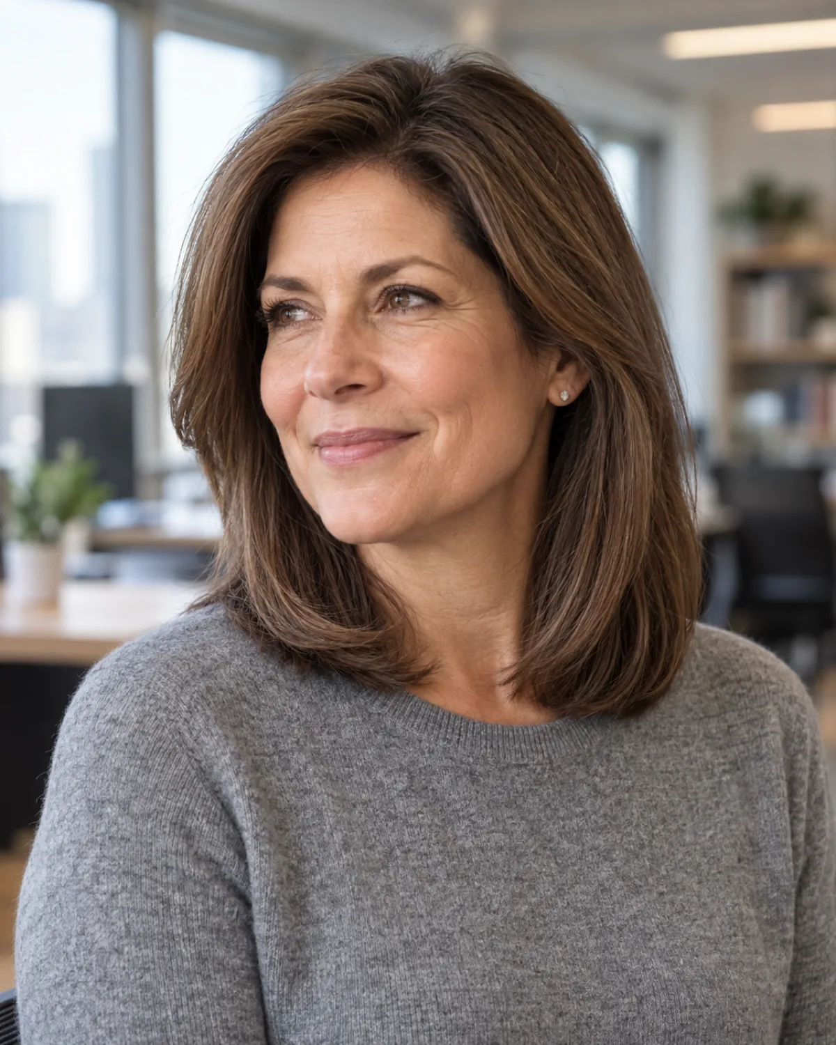 Woman over 50 in three-quarter view with medium-length brown hair in a smooth blowout, ends curving gently inward at collarbone, grey cashmere sweater, office behind