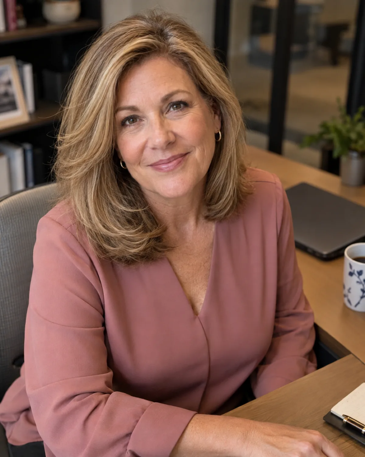 Woman over 50 seated at a desk, honey-blonde layered bob with ends curling slightly under, dusty-rose blouse, office setting with laptop and coffee cup